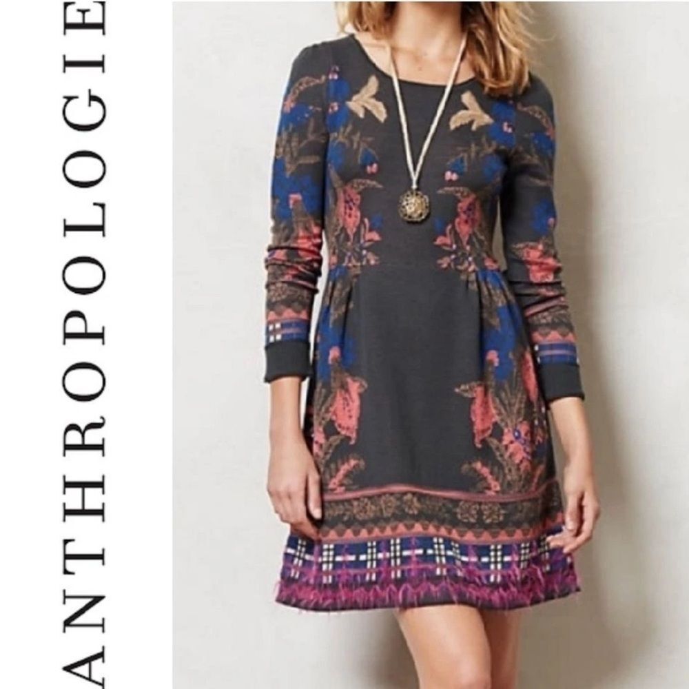 Anthropologie Knitted Petalblush Silk Blend Sweater Dress Floral Winter A-Line M